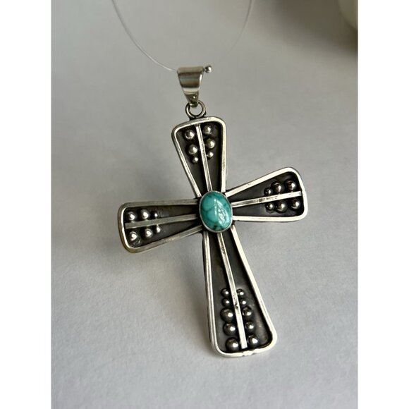 925 Sterling Silver Oxidized & Turquoise Cross Pendant - Picture 11 of 16
